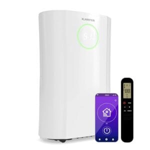 Klarstein DryFy ProConnect 24L Deshumidificador Smart, Wi-Fi, Bajo Consumo, 24h Timer, Filtro HEPA, Control Humedad 40-80%, Silencioso, Portátil, Habitaciones hasta 36m², Blanco