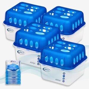Smart-Planet Juego de 4 deshumidificadores con 8 recambios de granulado de 400 g de larga duración, para habitaciones con alta humedad, deshumidificador sin electricidad, KO-760000020-4ER