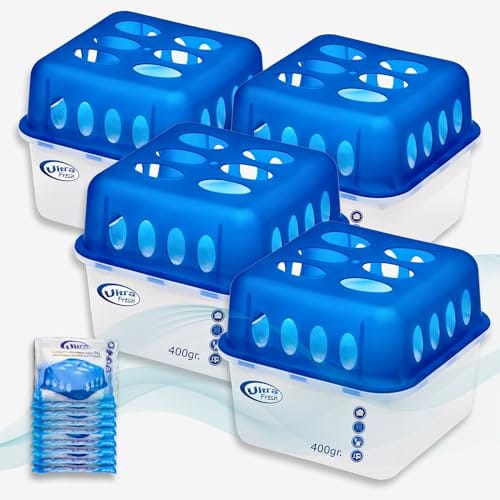 Smart-Planet Juego de 4 deshumidificadores con 8 recambios de granulado de 400 g de larga duración, para habitaciones con alta humedad, deshumidificador sin electricidad, KO-760000020-4ER